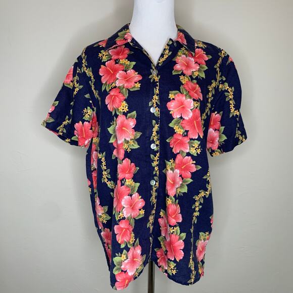Lemon Grass Blue Floral Tropical Hawaiian Shirt Sz Medium - Picture 1 of 8